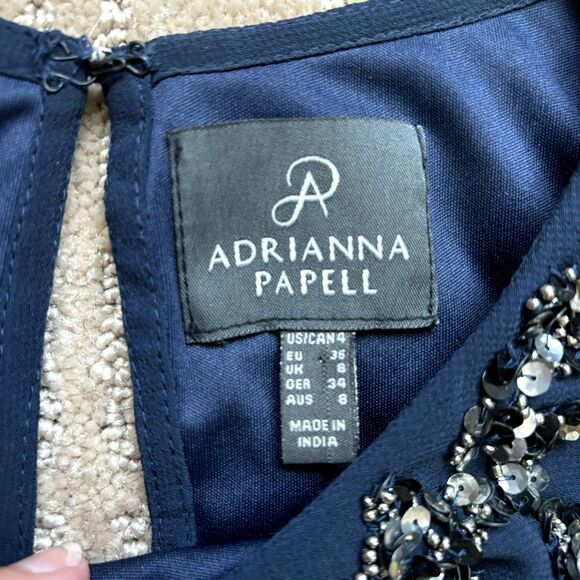 ADRIANNA PAPELL Sequin Beaded Dress 4 Navy Blue Sleeveless Cocktail Embellished - Picture 5 of 11